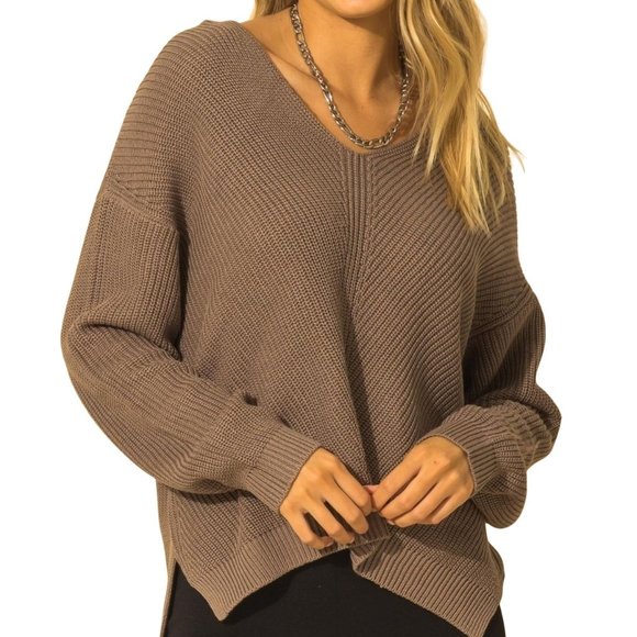 DOUBLE ZERO SMOKEY BROWN WOMENS LOOSE FIT V NECK SWEATER - NWT - SZ: S/M/L - Picture 1 of 9